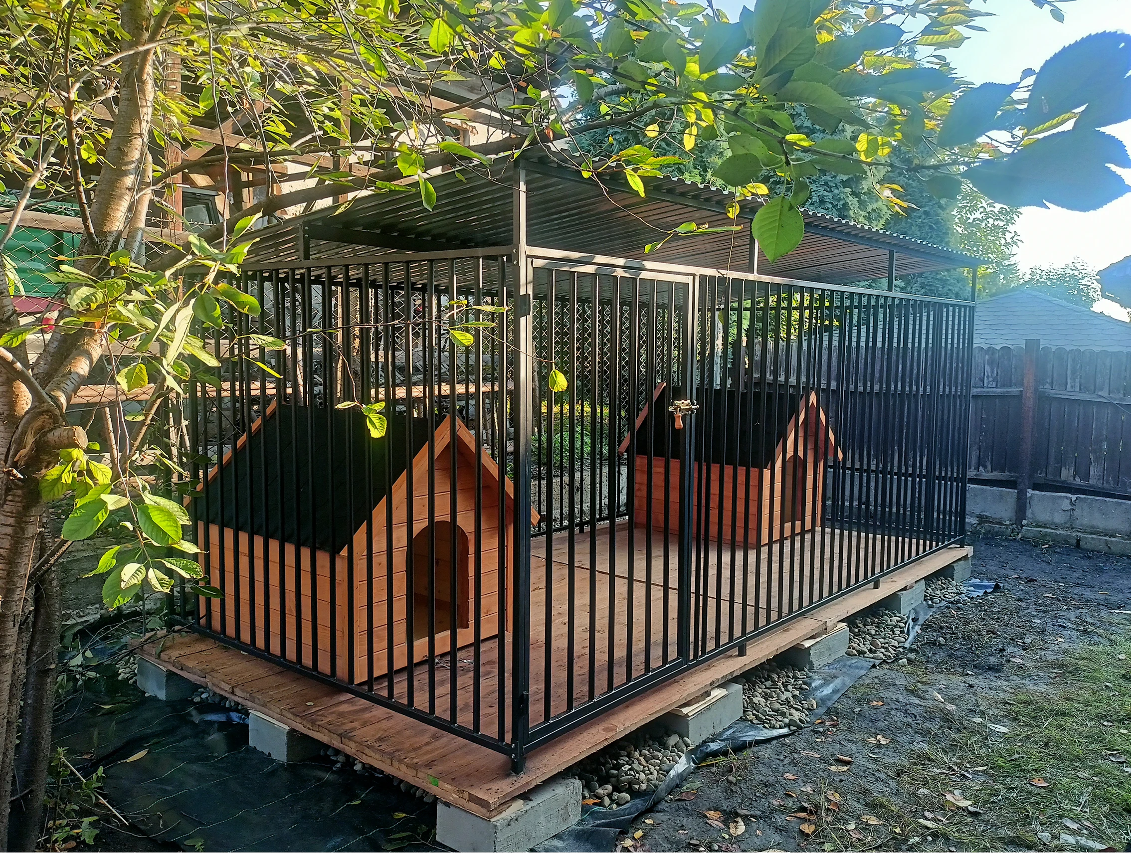 Metalowa klatka kennelowa z dwiema drewnianymi budami dla psów na podwyższonej drewnianej platformie