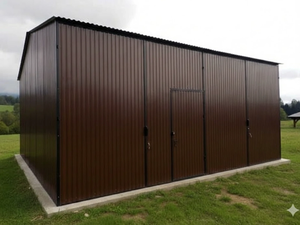 Hala blaszana z brązowej blachy na betonowej płycie z drzwiami wejściowymi i dwoma dużymi przesuwanymi panelami