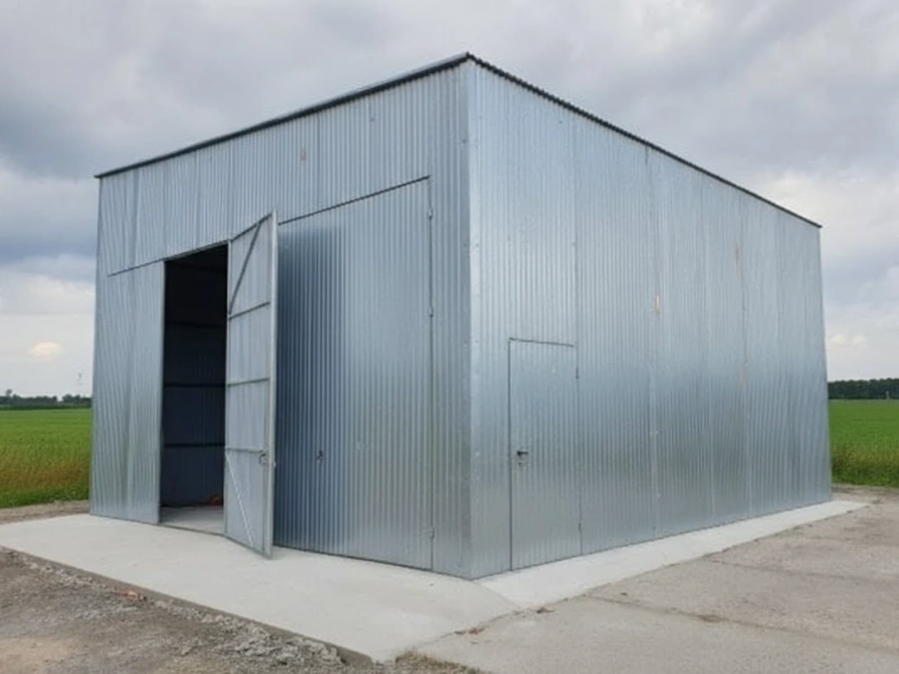 Hala blaszana z ocynkowanych paneli na betonowej płycie, z dużymi drzwiami i mniejszym wejściem bocznym
