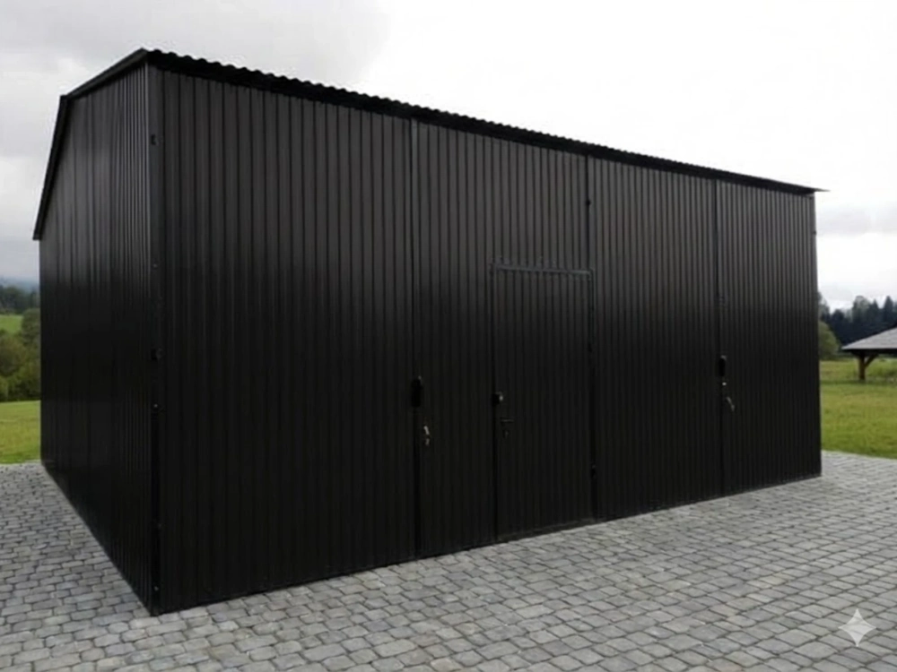 Czarna hala blaszana na podłożu z kostki brukowej